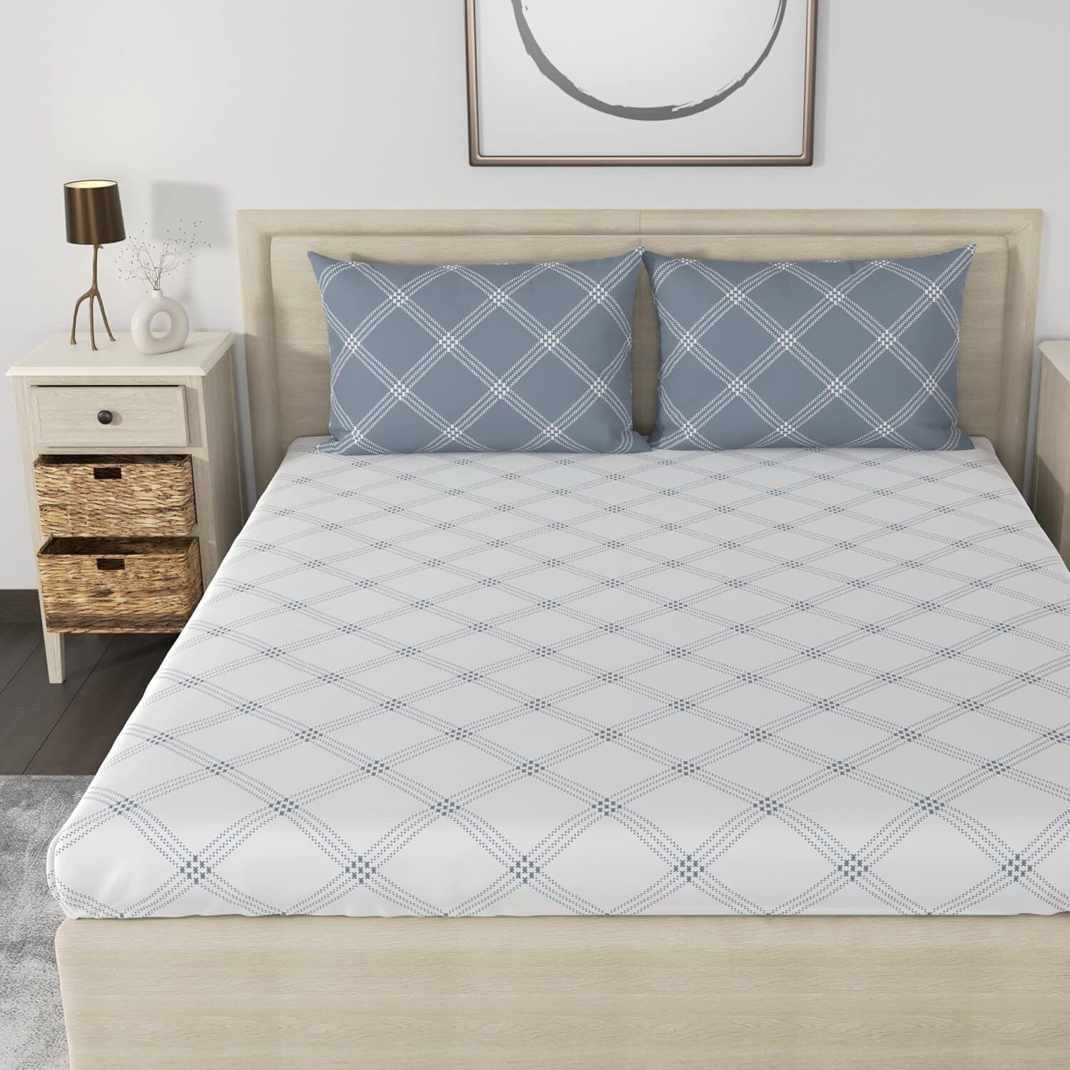 Image of Huesland Cotton King Fitted (Elastic) 210 TC Geometric 1 Bedsheet with 2 Pillow Covers