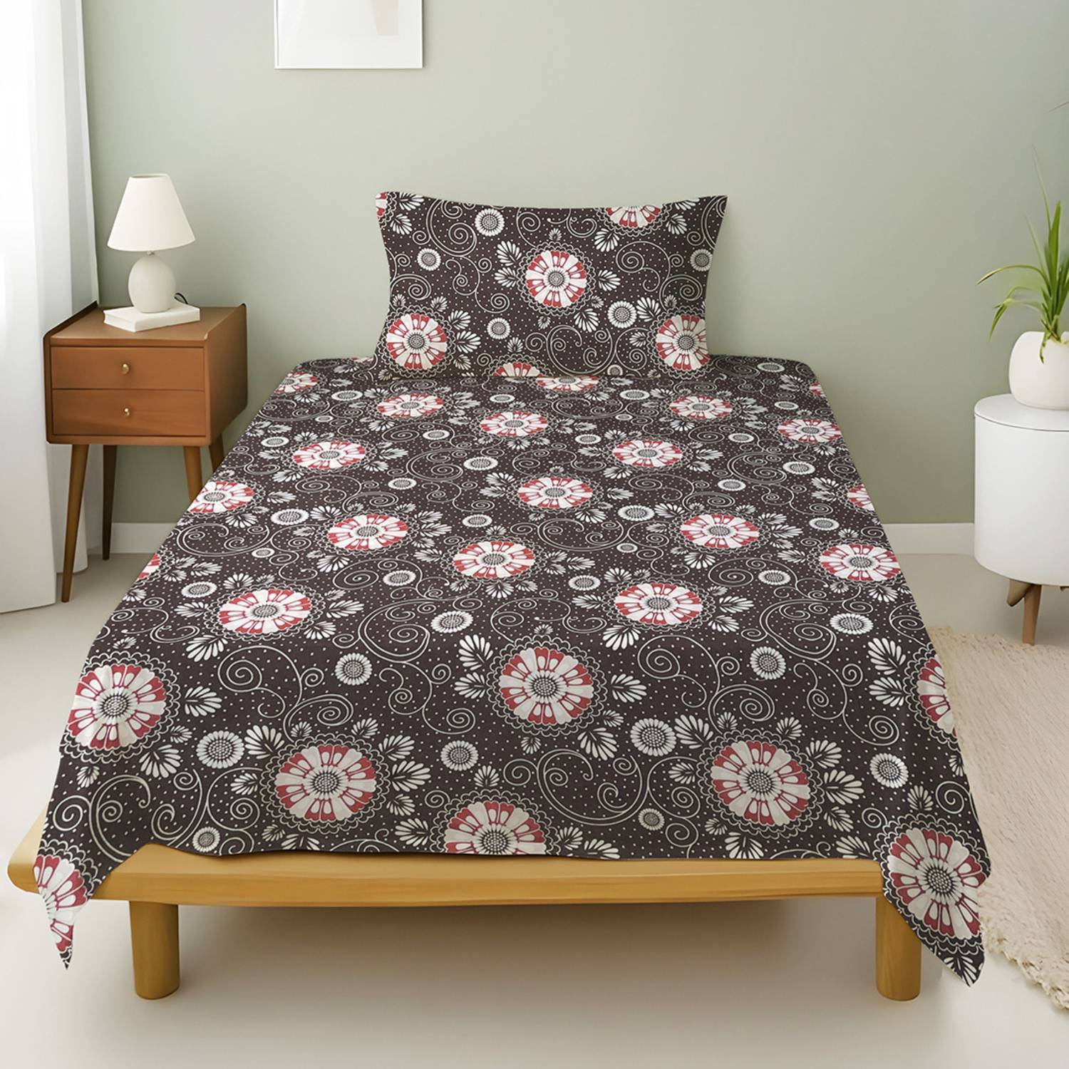 Weave & Decor Cotton Single Flat 144 TC Printed 1 Bedsheet (Dark