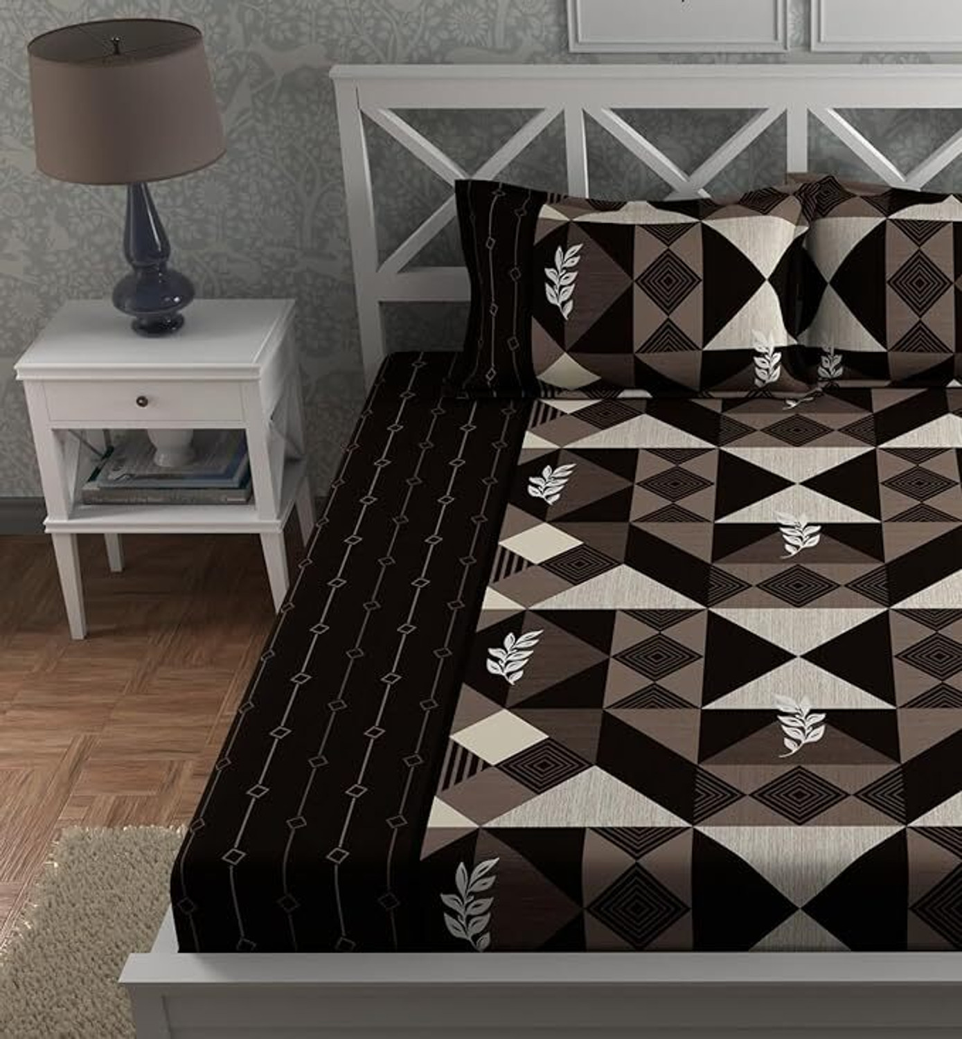 Image of HOMETIC Cotton Queen Fitted (Elastic) 240 TC Geometric 1 Bedsheet