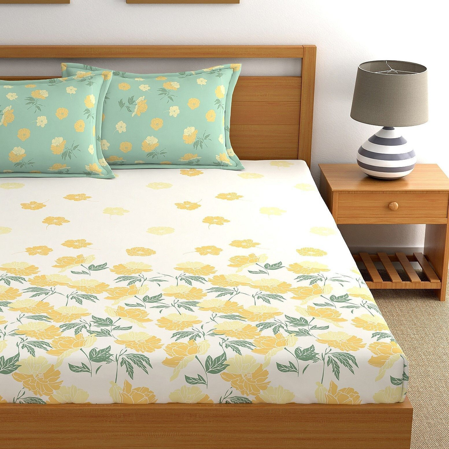 Image of Dreamscape Cotton King Fitted (Elastic) 140 TC Printed 1 Bedsheet with 2 Pillow Covers