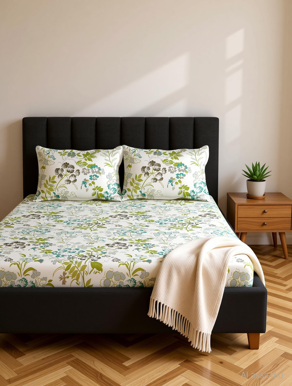 Image of Divine Casa Cotton Single Fitted (Elastic) 144 TC Floral 1 Bedsheet with 2 Pillow Covers