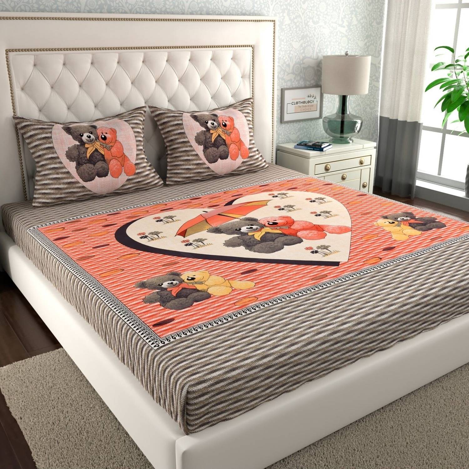 CLOTHOLOGY Cotton Double Flat 144 TC Jaipuri Prints 1 Bedsheet wi