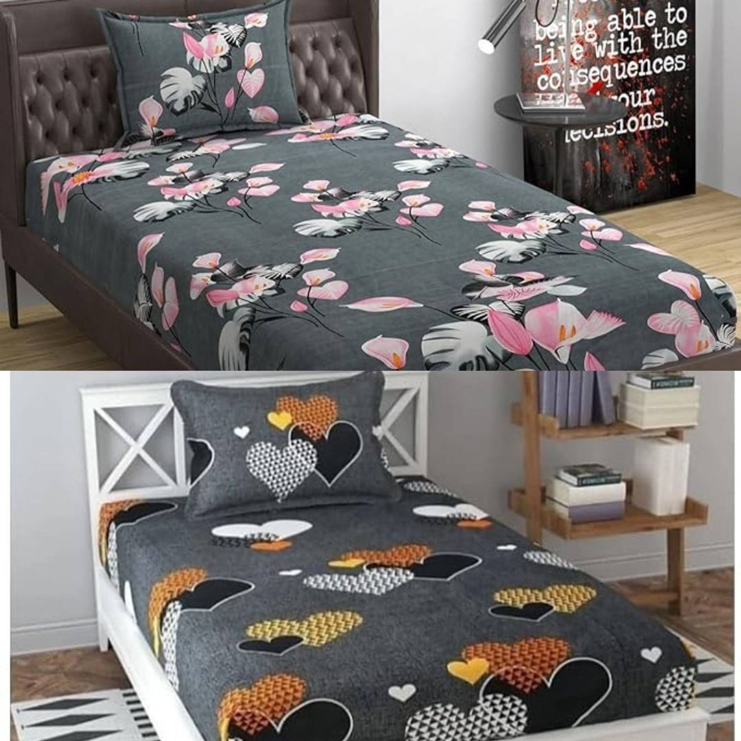 Akshara Loomtex Polyester Single Flat 180 TC Floral 2 Bedsheets with 2 Pillow Covers