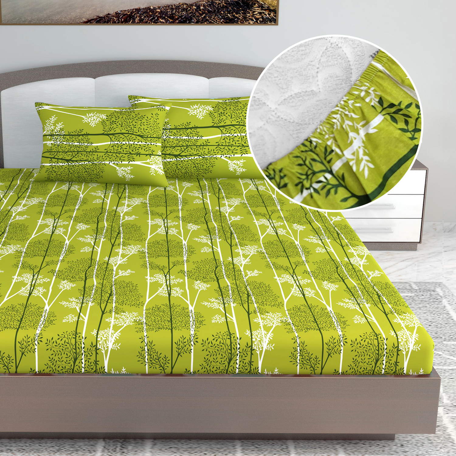 Image of Divine Casa Cotton King Fitted (Elastic) 144 TC Floral 1 Bedsheet with 2 Pillow Covers