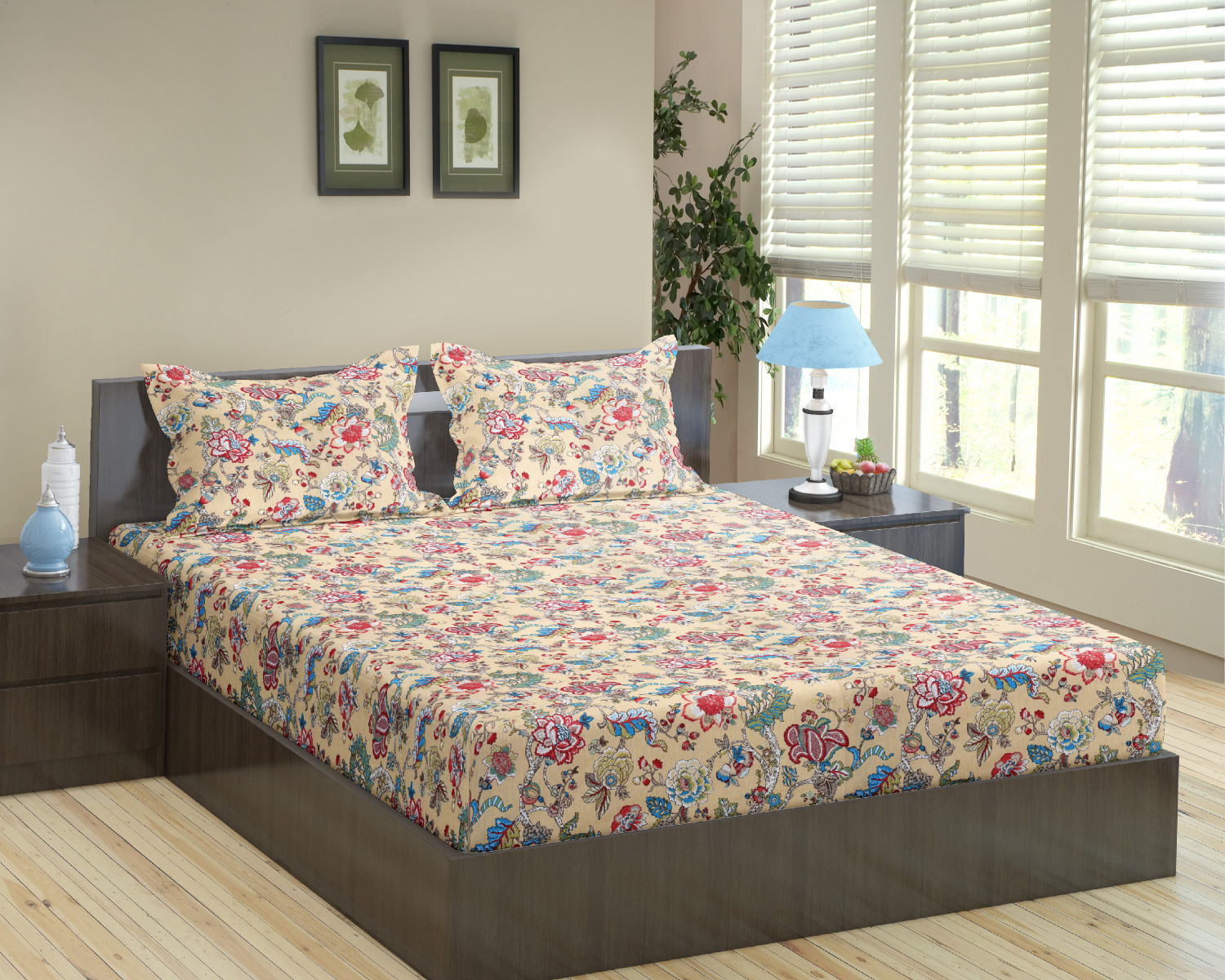 Image of Trance Home Linen Cotton Single Fitted (Elastic) 144 TC Printed 1 Bedsheet with 2 Pillow Covers (Malhaar Beige)