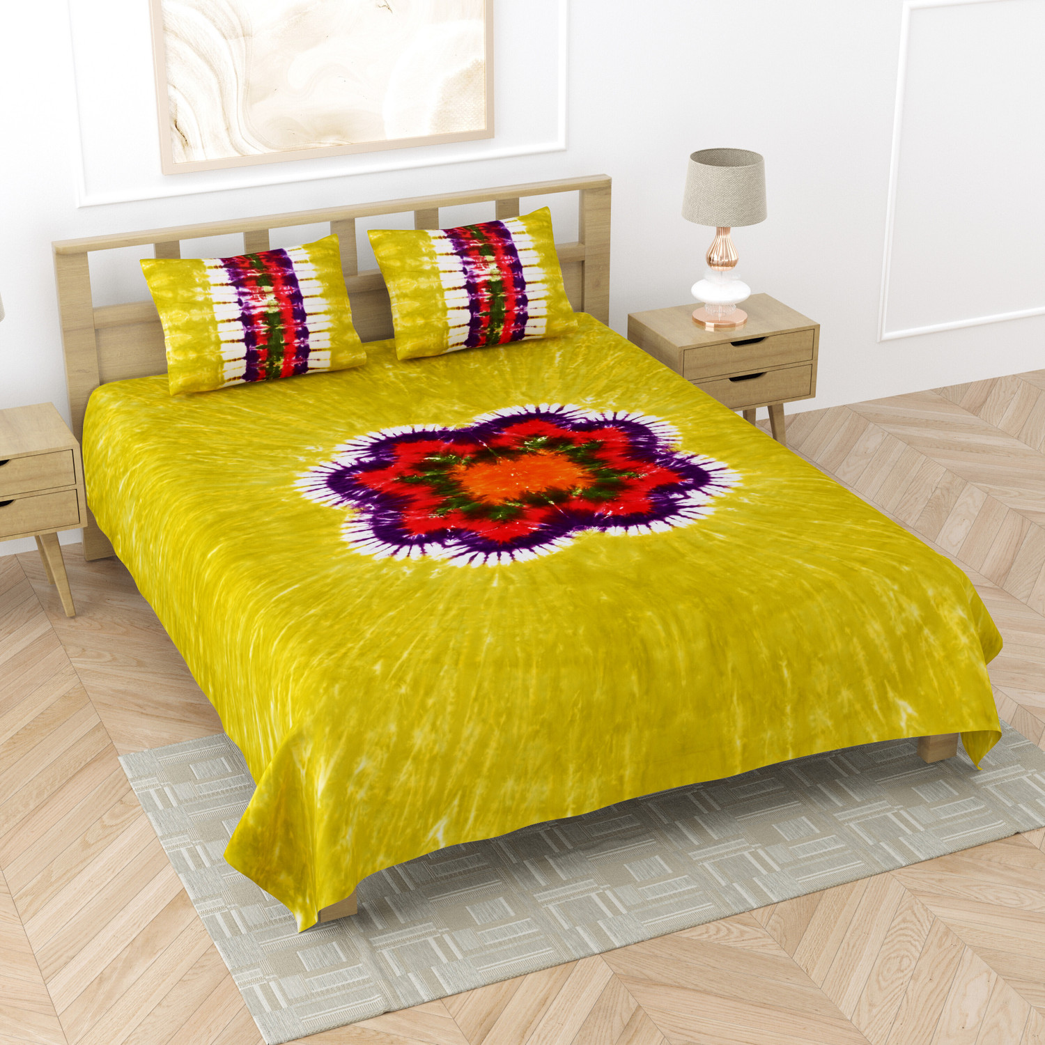 Image of QADRI IMPEX Cotton King Flat 350 TC Jaipuri Prints 1 Bedsheet with 2 Pillow Covers