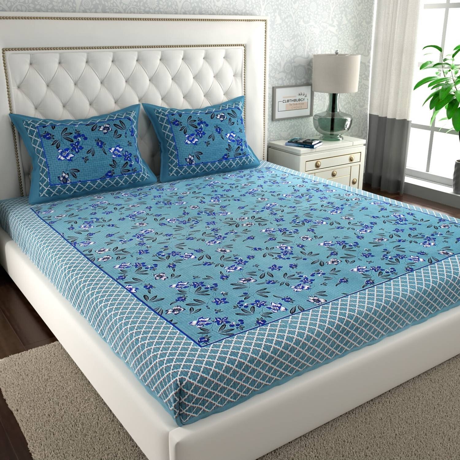 CLOTHOLOGY Cotton Double Flat 144 TC Jaipuri Prints 1 Bedsheet wi