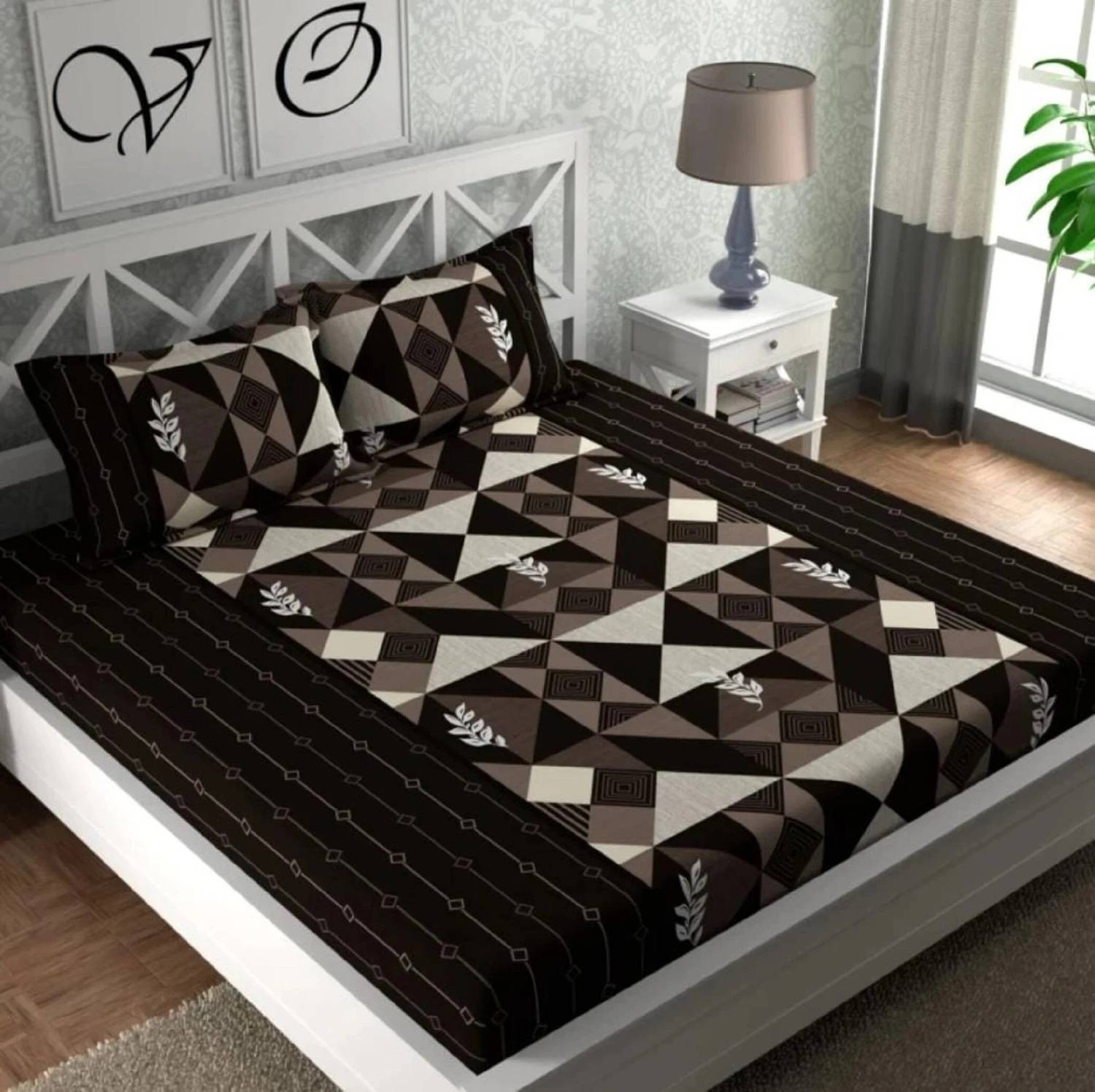 GoodRisk Cotton Double Fitted (Elastic) 320 TC Printed 1 Bedsheet with 2 Pillow Covers
