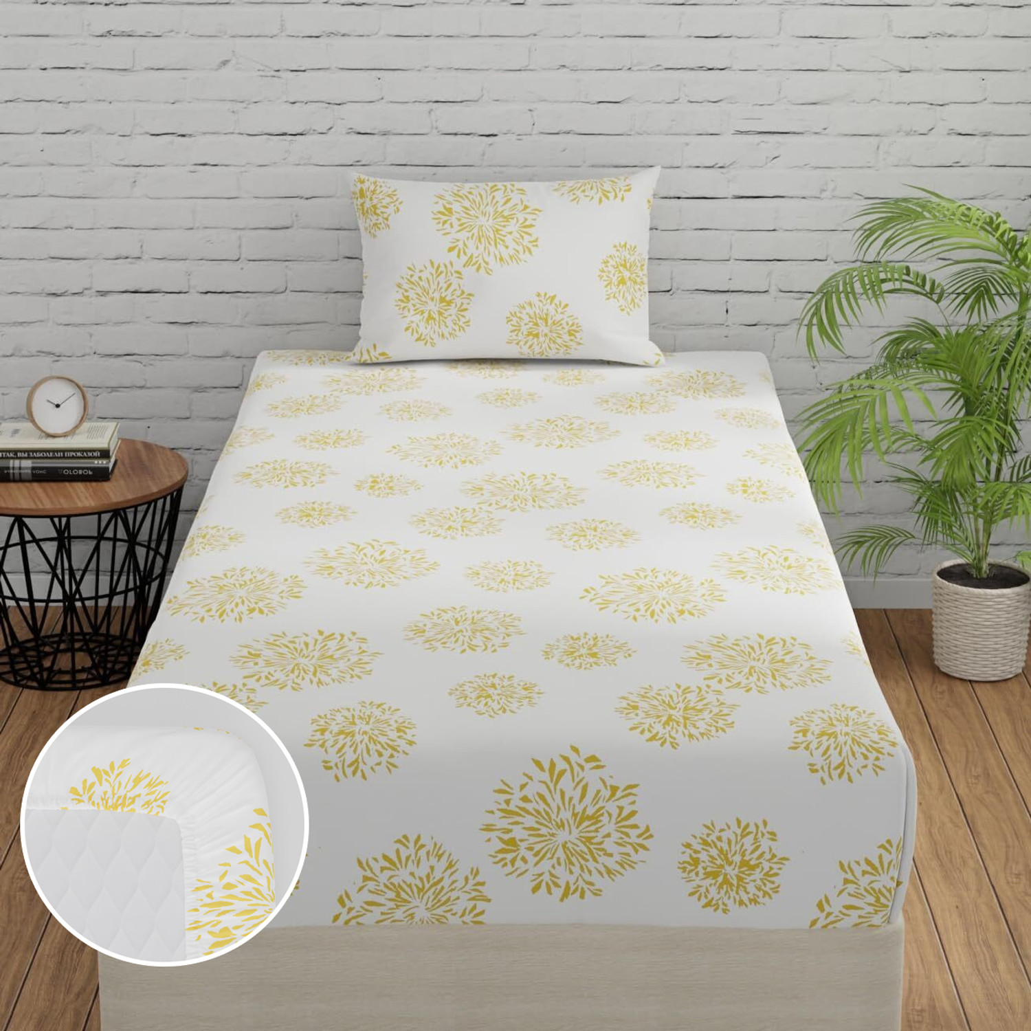 Image of Huesland Cotton Single Fitted (Elastic) 144 TC Floral 1 Bedsheet with 2 Pillow Covers