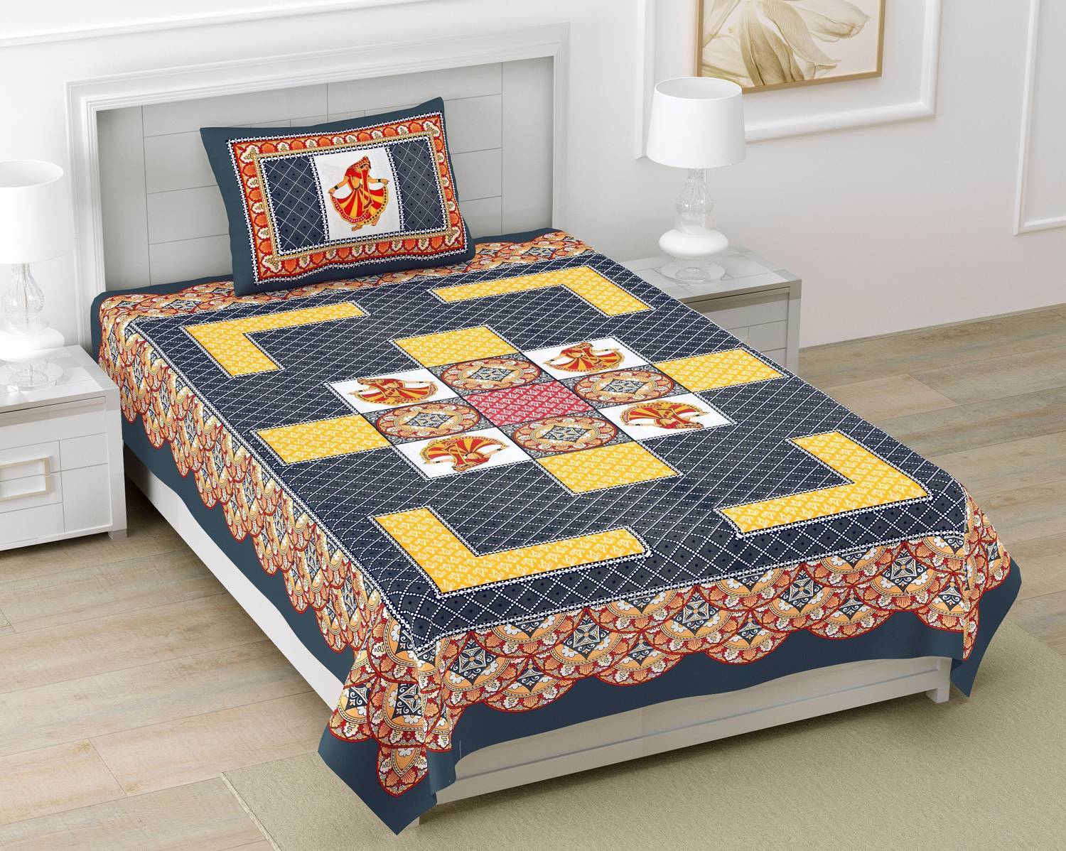 BharatLinen Cotton Single Flat 144 TC Jaipuri Prints 1 Summer Bedsheet with 2 Pillow Covers