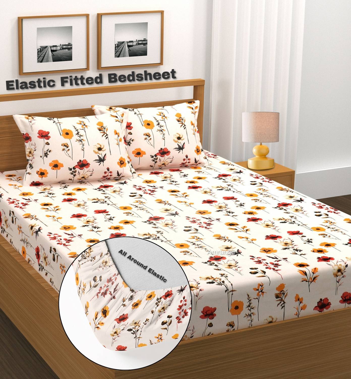 Amrange Microfiber King Fitted (Elastic) 210 TC 3D Printed 1 Bedsheet with 2 Pillow Covers