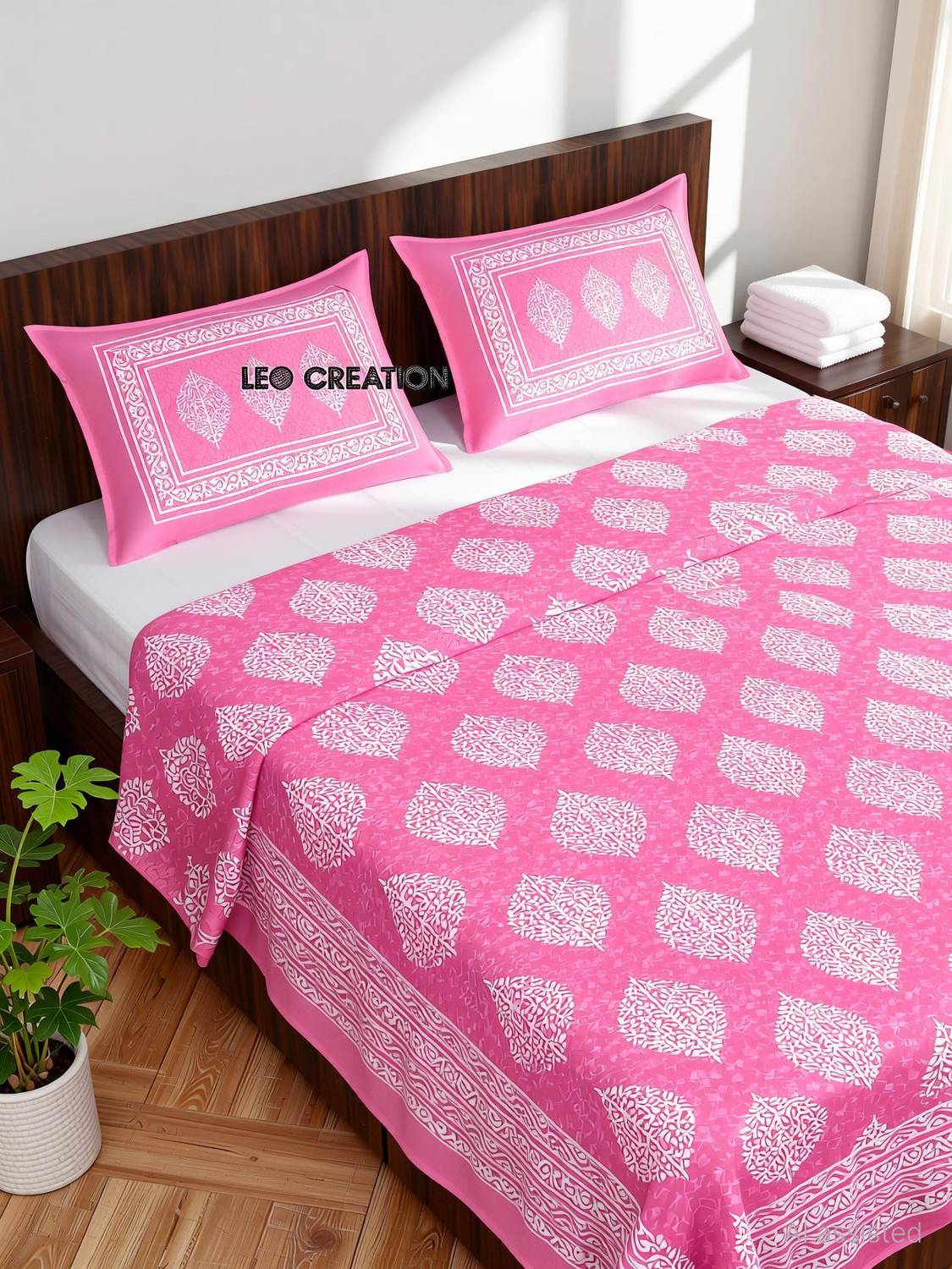 Leo Cotton Double Flat 144 TC Jaipuri Prints Bedsheet with 2 Pillow - Image 2