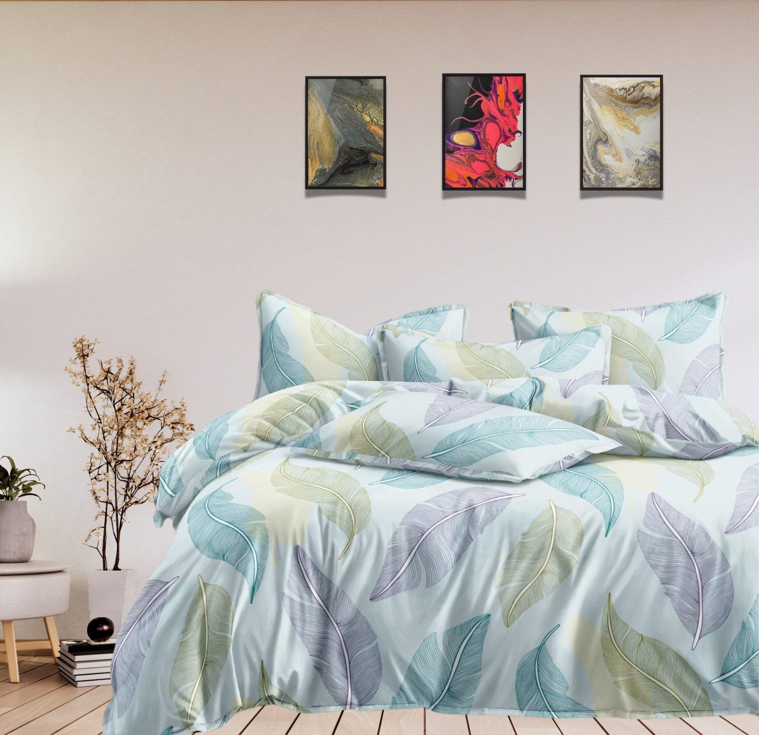 Image of CARLTON LONDON Cotton Super King Flat 300 TC Geometric 1 Bedsheet with 2 Pillow Covers (Multicolor)