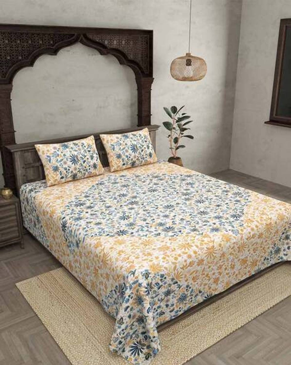 BOMBAY ELEGANCE Cotton King Flat 250 TC Jaipuri Prints 1 Bedsheet with 2 Pillow Covers