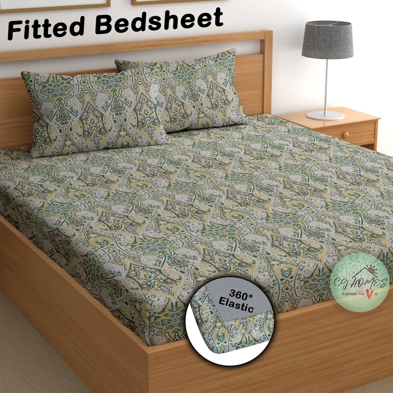 CG Homes Cotton Double Fitted (Elastic) 180 TC Printed 1 Bedsheet