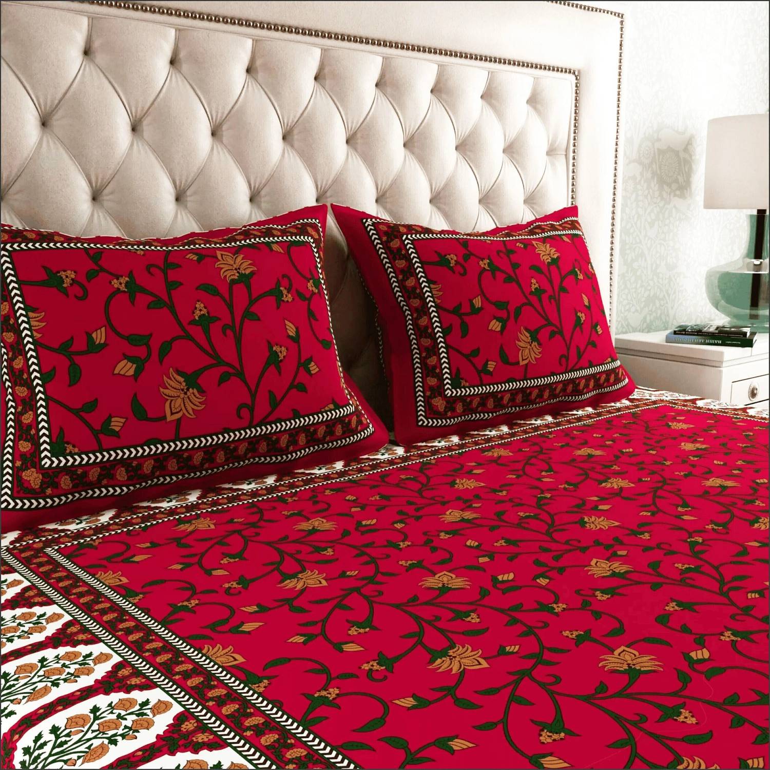 Leo Creation Cotton Double Flat 144 TC Printed 1 Bedsheet with 2 Pillow Covers