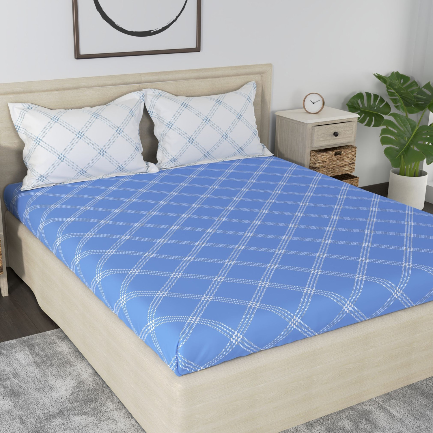 Image of Huesland Cotton Double Flat 210 TC Geometric 1 Bedsheet with 2 Pillow Covers