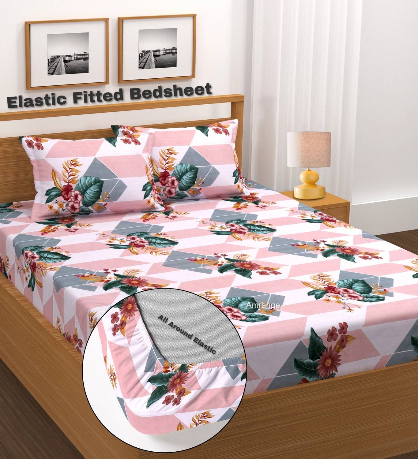 Amrange Microfiber King Fitted (Elastic) 210 TC 3D Printed 1 Bedsheet with 2 Pillow Covers