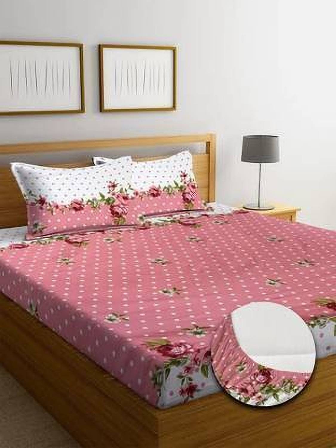 ajeemansarifab Polycotton Double Fitted (Elastic) 180 TC Jaipuri Prints 1 Bedsheet with 2 Pillow Covers