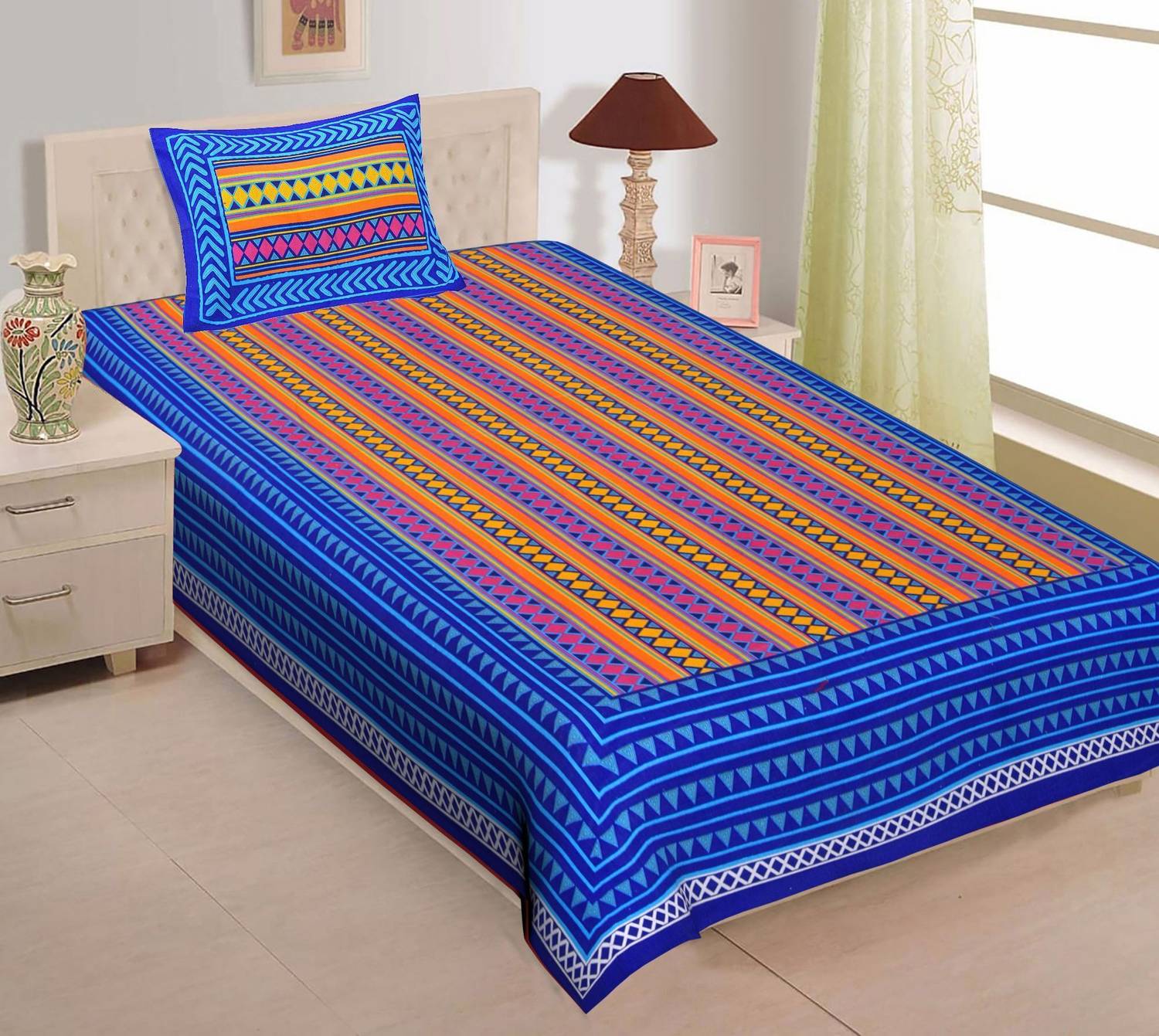 UNIBLISS Cotton Single Flat 144 TC Striped 1 Bedsheet with 2 Pillow Covers