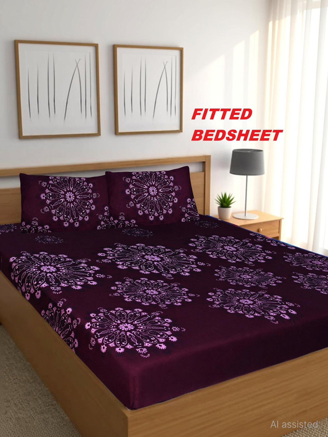 Image of KURRY HOME FURNISHING Microfiber Double Fitted (Elastic) 250 TC Floral 1 Bedsheet with 2 Pillow Covers