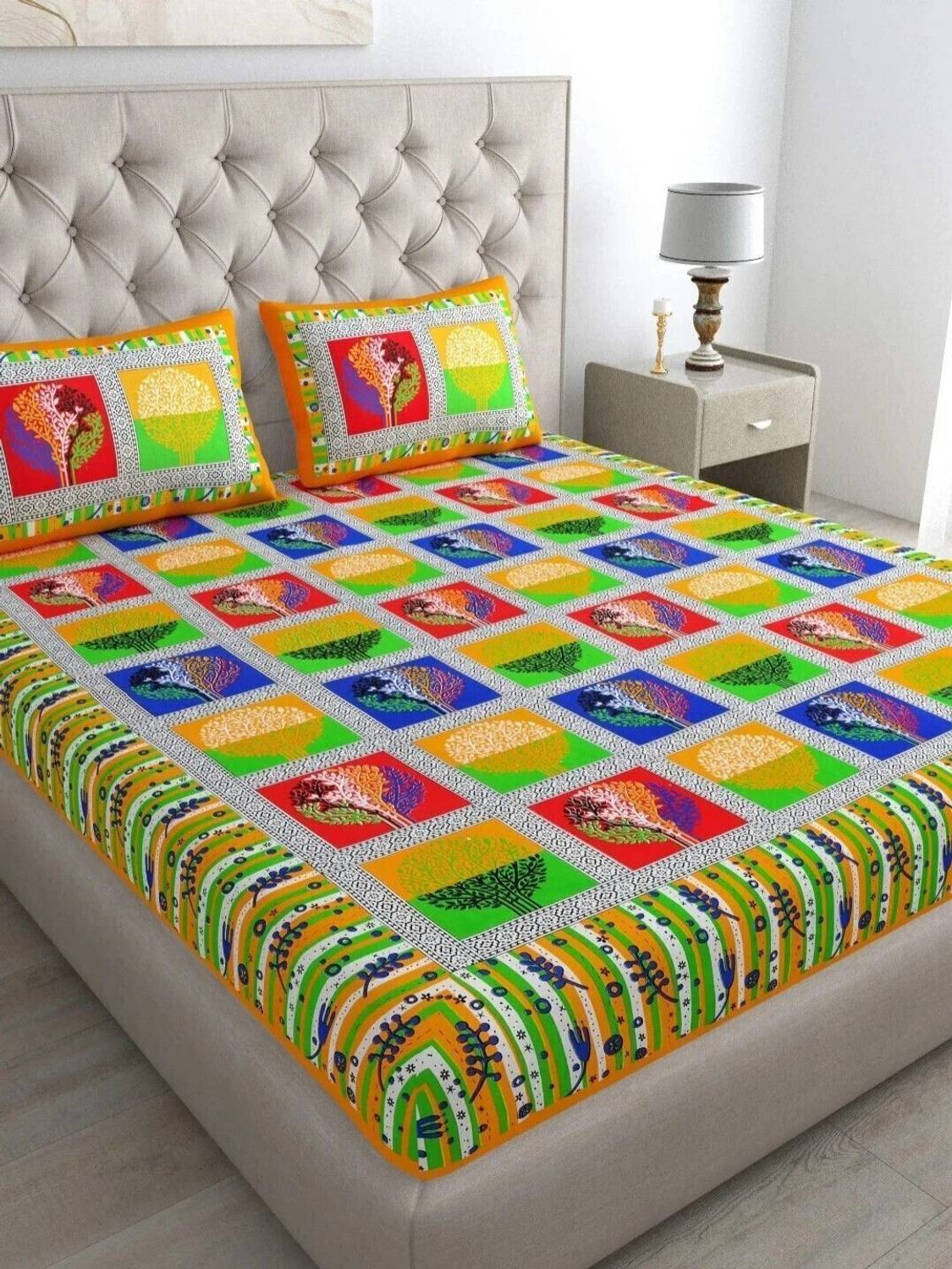 Poorak Cotton Double Flat 104 TC Jaipuri Prints 1 Bedsheet with 2