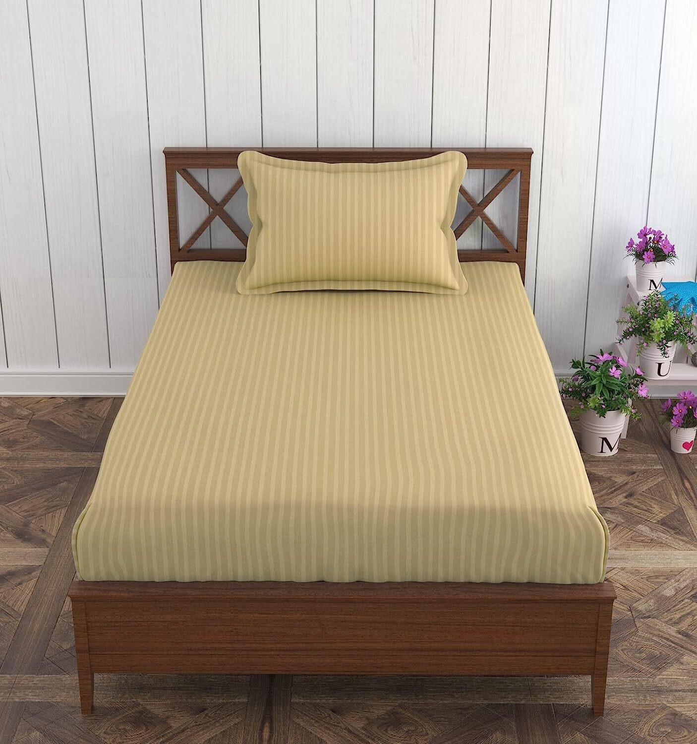 Image of Trance Home Linen Cotton Single Fitted (Elastic) 200 TC Striped 1 Bedsheet with 2 Pillow Covers