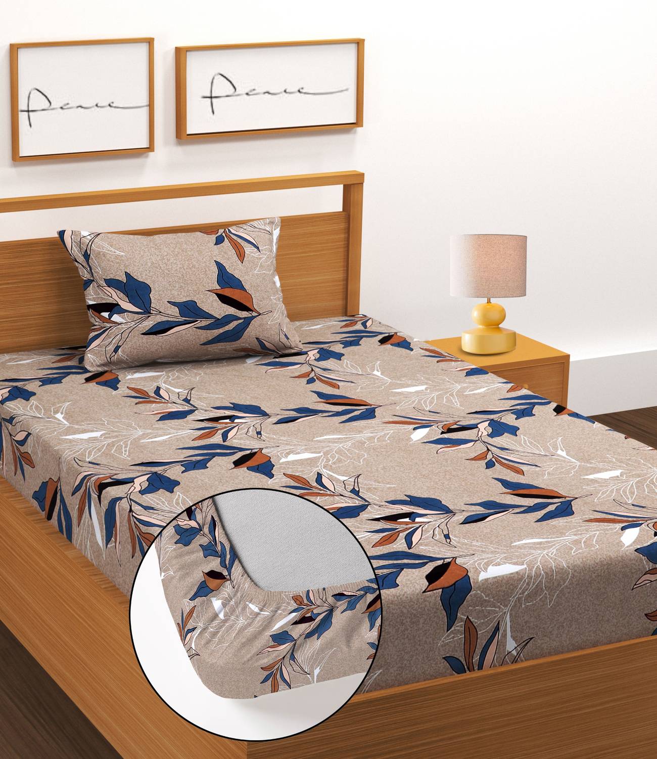 BeddingZone Cotton Single Fitted (Elastic) 300 TC Floral 1 Bedsheet with 2 Pillow Covers