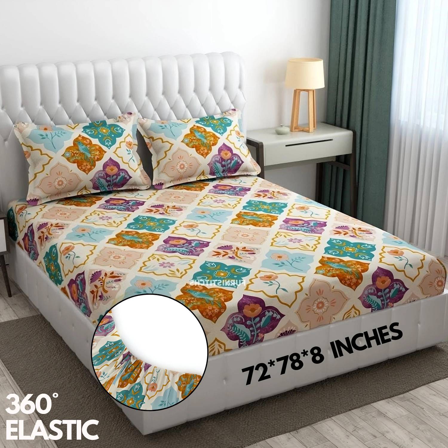 SHOPHOX Cotton King, Double Fitted (Elastic) 220 TC Geometric 1 B