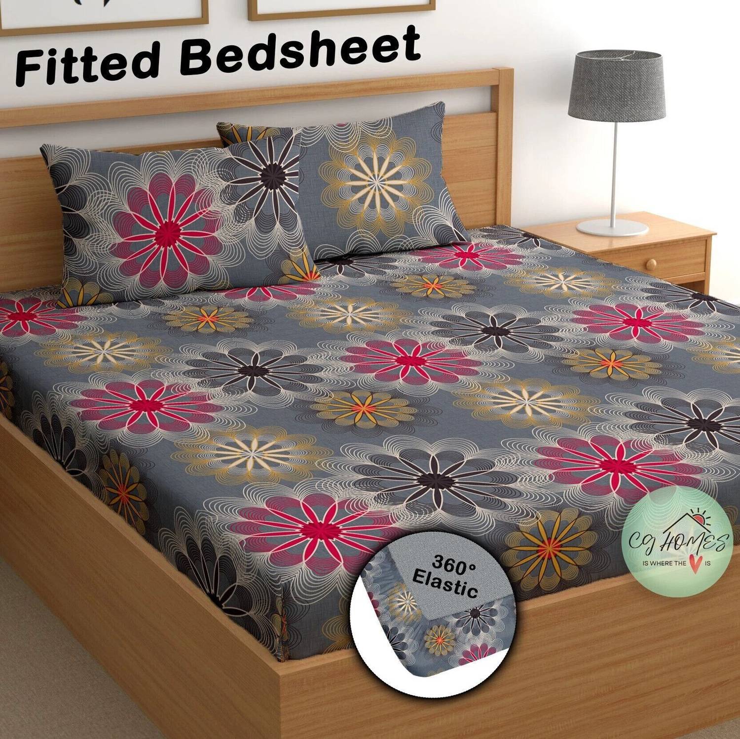 CG Homes Cotton Double Fitted (Elastic) 180 TC Printed 1 Bedsheet