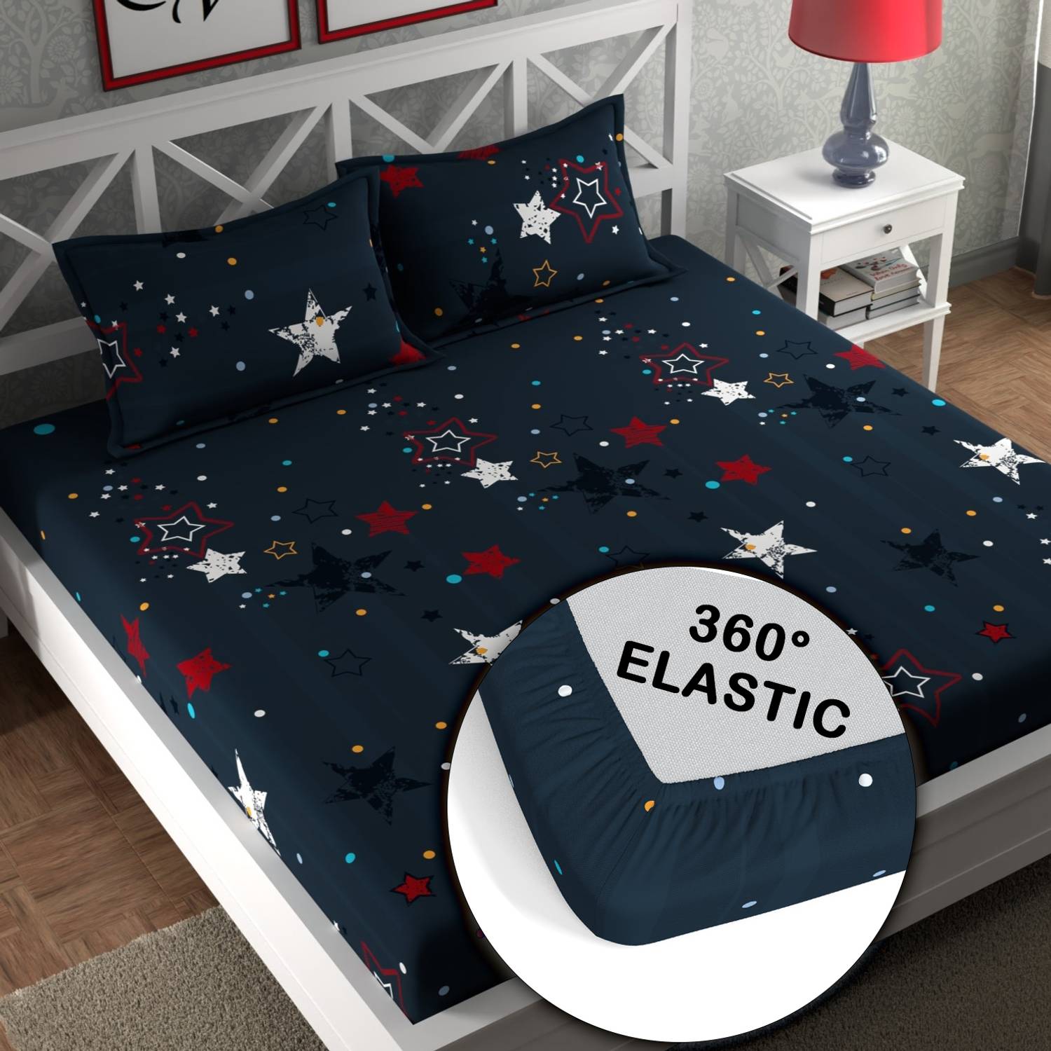 CG Homes Cotton Double Fitted (Elastic) 180 TC Printed 1 Bedsheet