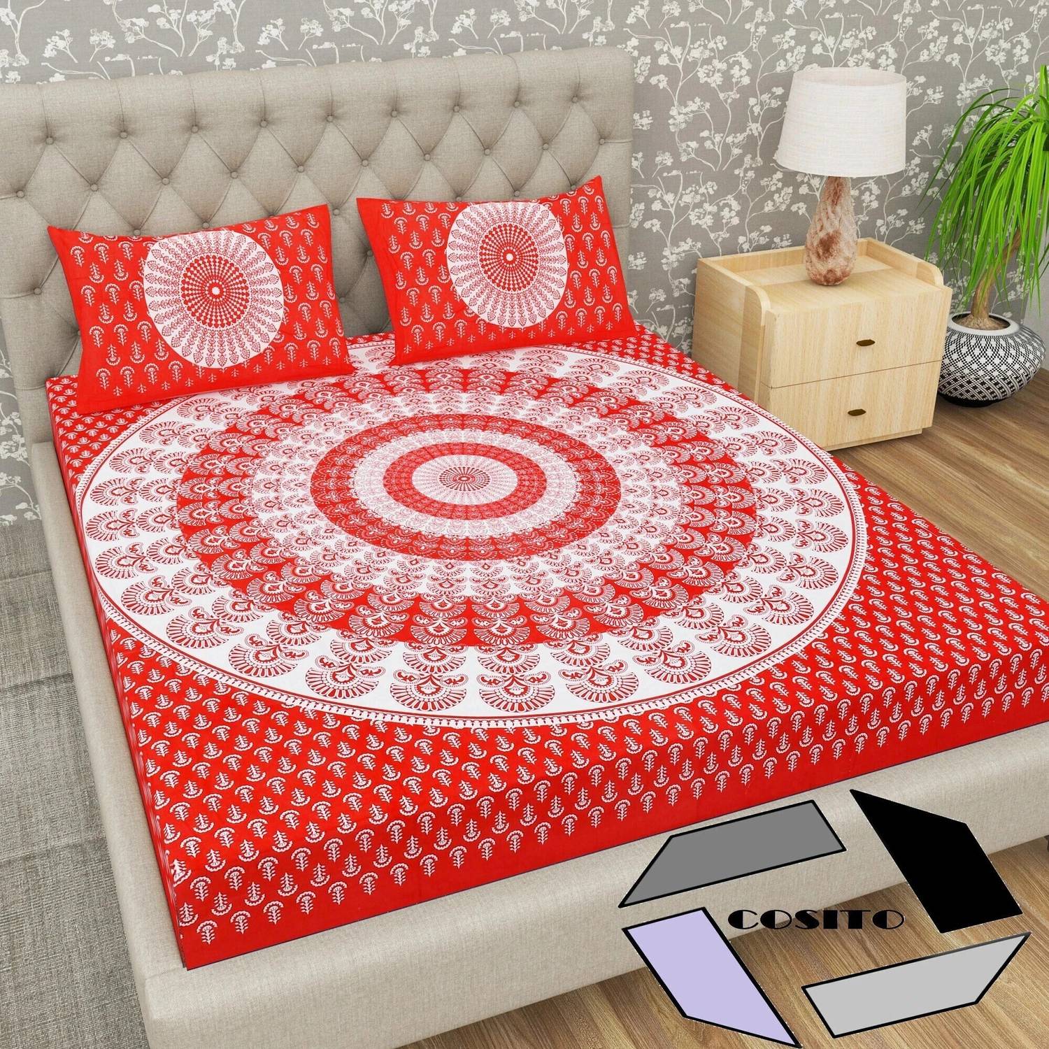 Cosito Cotton Double Flat 144 TC Printed 1 Bedsheet with 2 Pillow