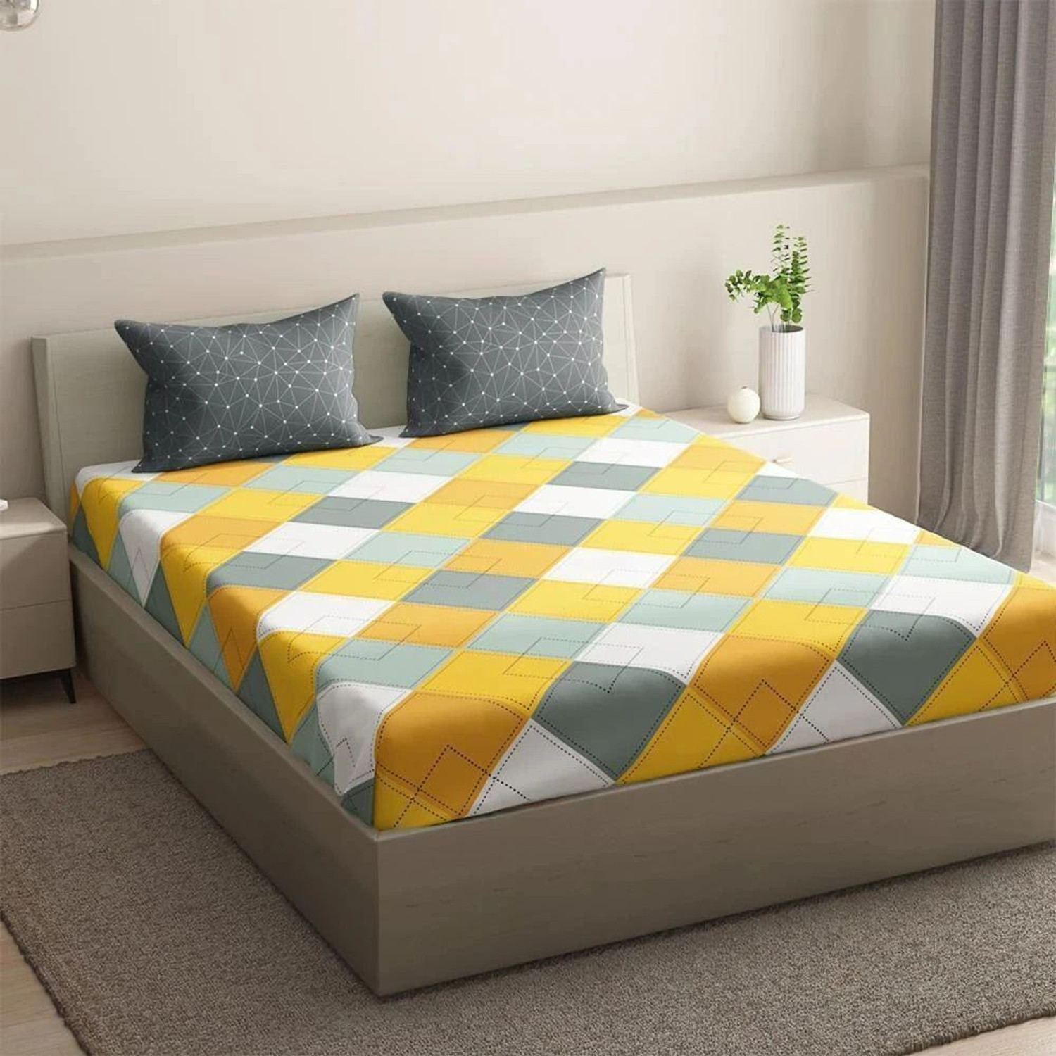Image of Wakefit Cotton Queen Fitted (Elastic) 144 TC Checkered 1 Bedsheet with 2 Pillow Covers