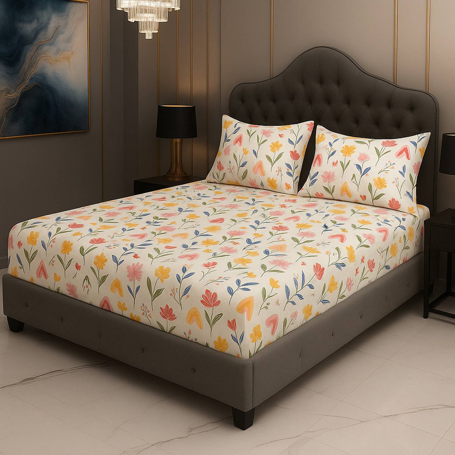 A11 M@LL Microfiber King Fitted (Elastic) 210 TC Printed 1 Bedsheet with 2 Pillow Covers