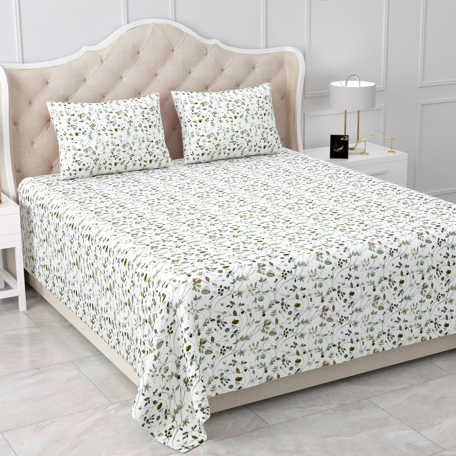 Image of BELLA CASA Cotton King Flat 180 TC Floral 1 Bedsheet with 2 Pillow Covers (Green)