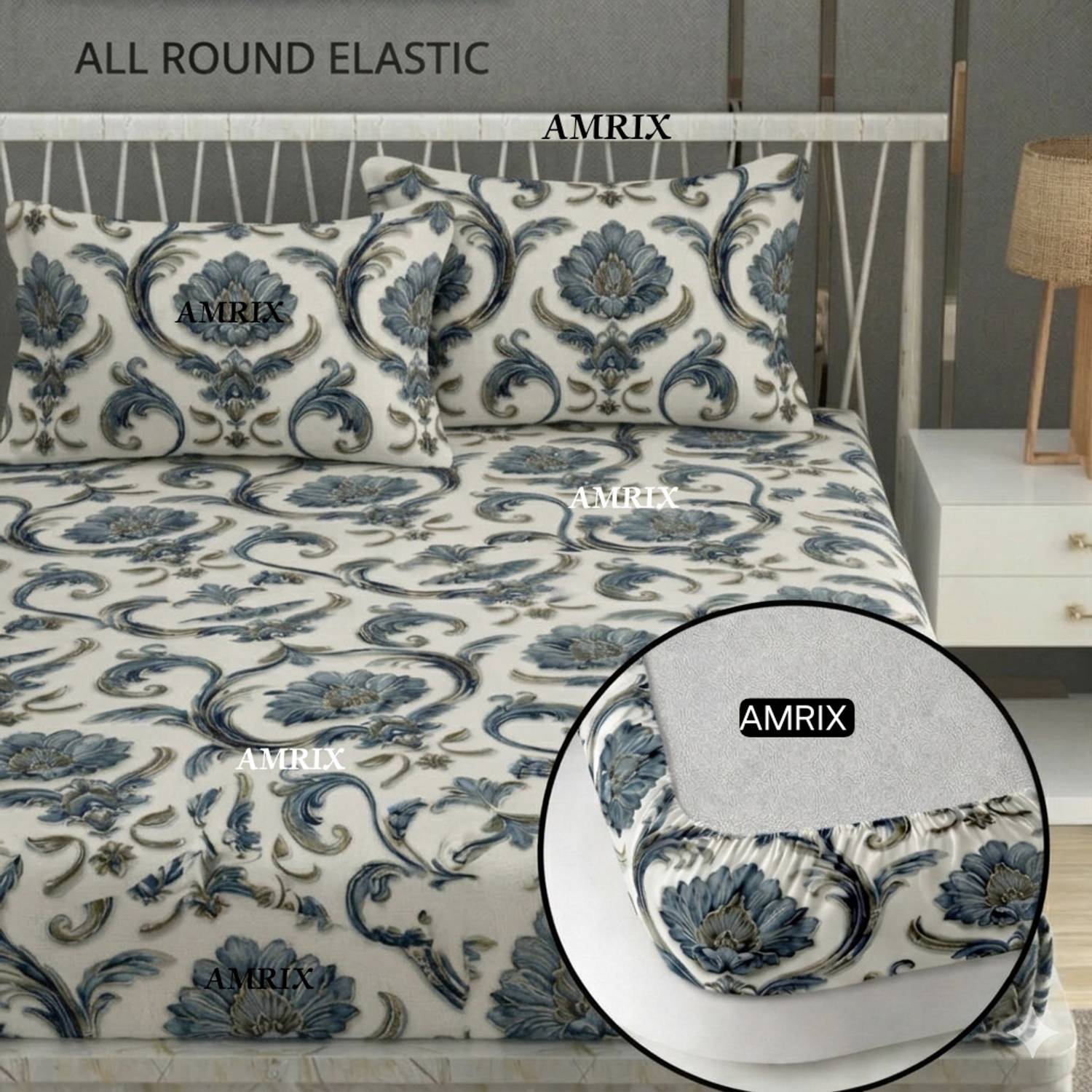 Amrix Cotton King Fitted (Elastic) 350 TC 3D Printed 1 Bedsheet with 2 Pillow Covers