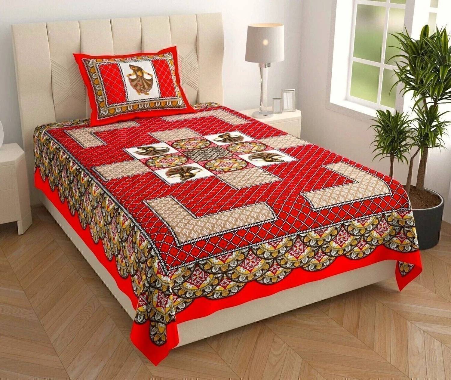 BharatLinen Cotton Single Flat 144 TC Jaipuri Prints 1 Summer Bed