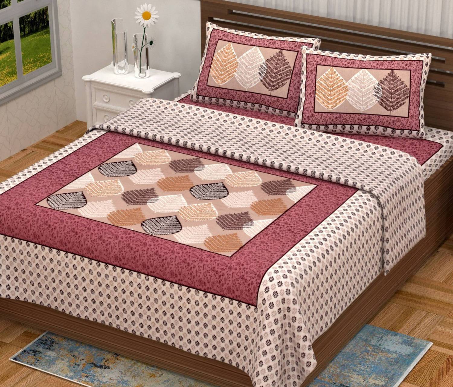 CLOTHOLOGY Cotton Double Flat 144 TC Jaipuri Prints 1 Bedsheet wi