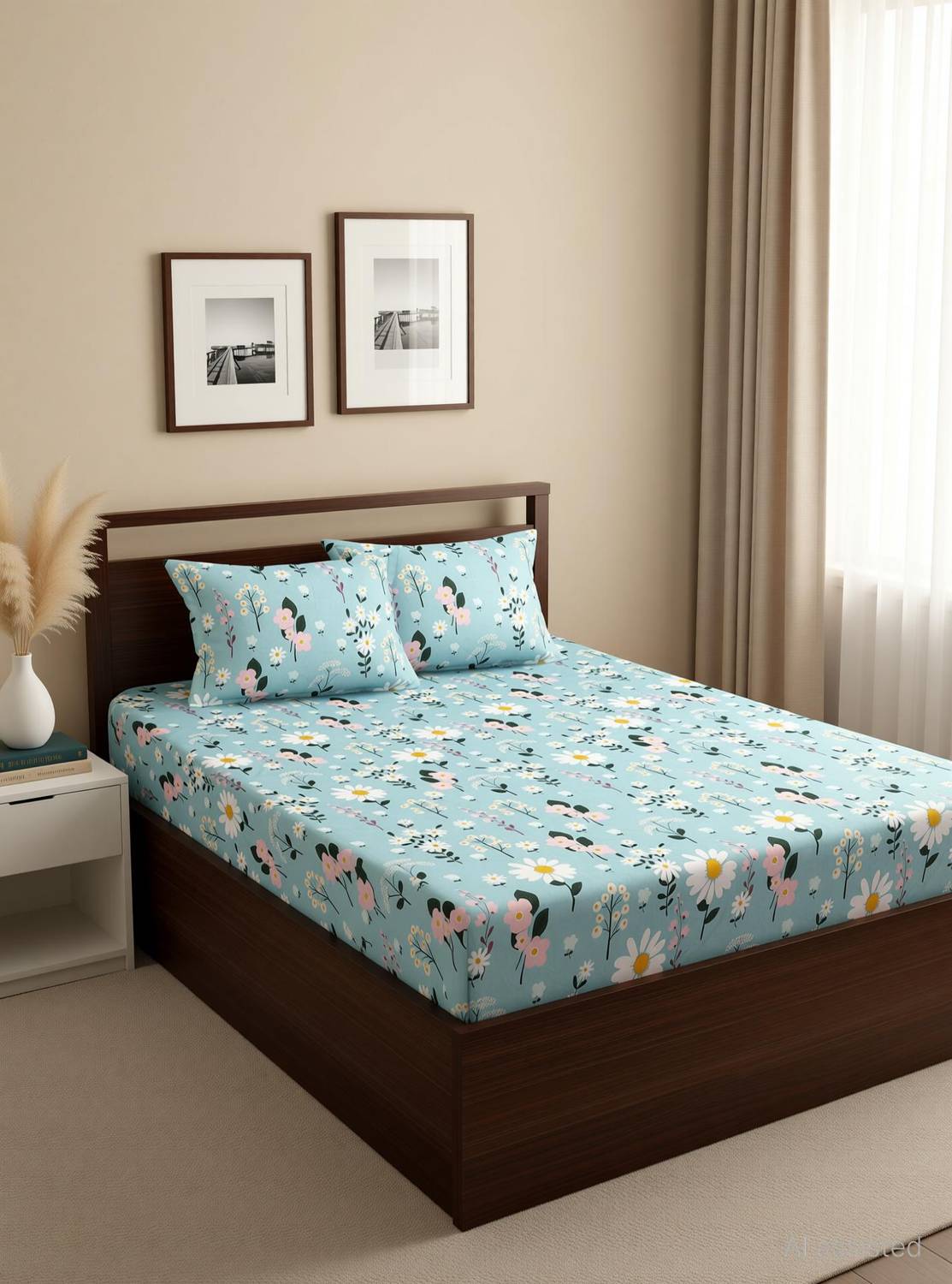 Amrange Microfiber King Fitted (Elastic) 210 TC 3D Printed 1 Bedsheet with 2 Pillow Covers