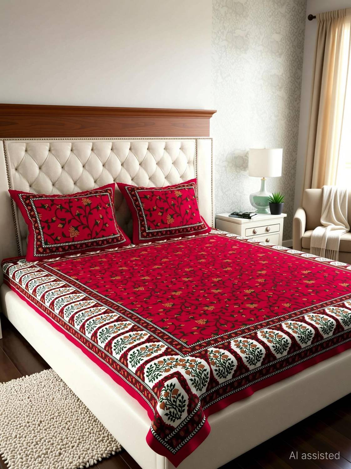 Leo Creation Cotton Double, Queen Flat 144 TC Jaipuri Prints 1 Be