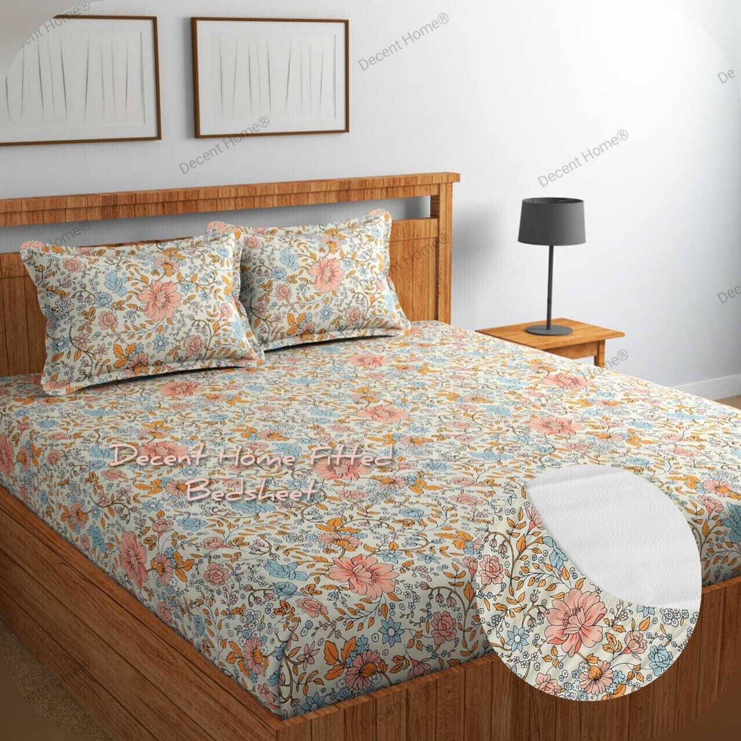 Decent Home Cotton King Fitted (Elastic) 240 TC Floral 1 Bedsheet