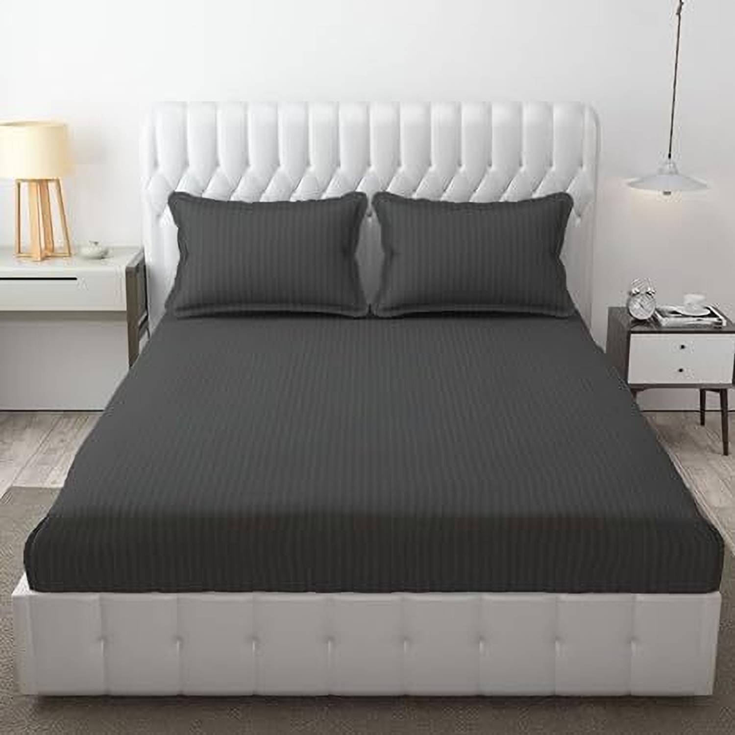WUSA Satin Double Fitted (Elastic) 210 TC Striped 1 Bedsheet with