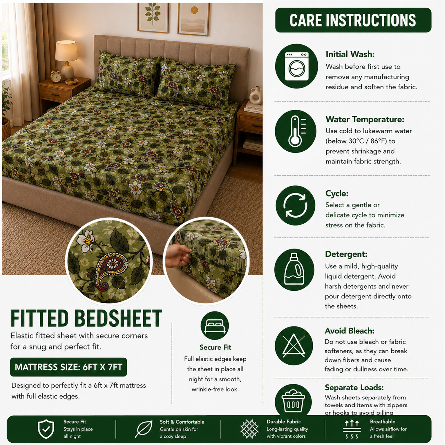 Image of Valemo & co. Cotton Double, King Fitted (Elastic) 210 TC Printed 1 Bedsheet with 2 Pillow Covers (Multicolor)
