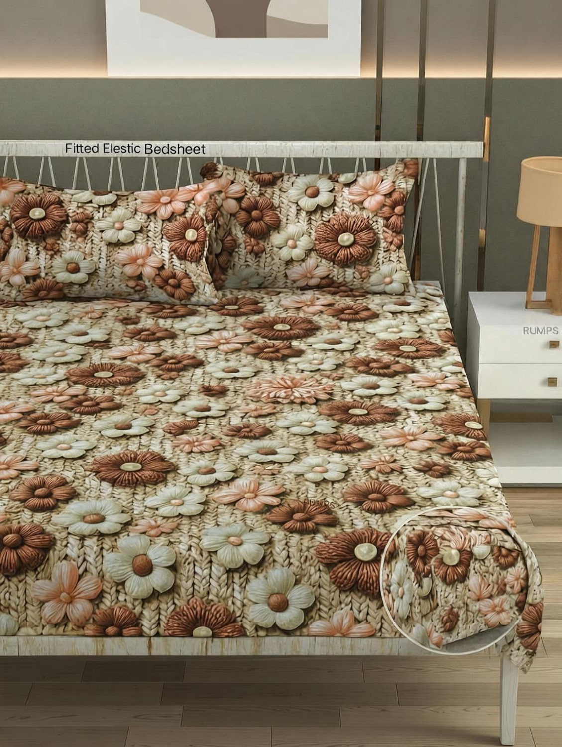 Image of Roxine Cotton King, Queen, Double Fitted (Elastic) 380 TC Self Design 1 Bedsheet with 2 Pillow Covers