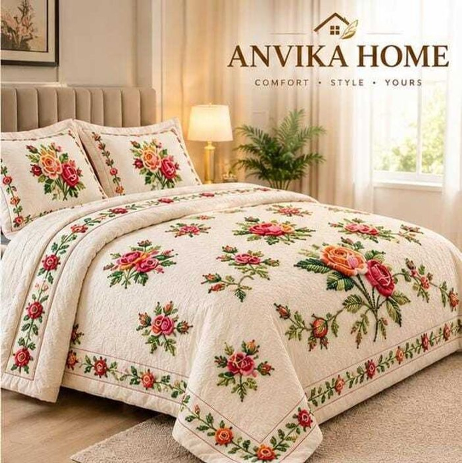 Image of ANVIKA Cotton Blend Double Flat 400 TC Embroidered 1 AC Bedsheet with 2 Pillow Covers (Multicolor)