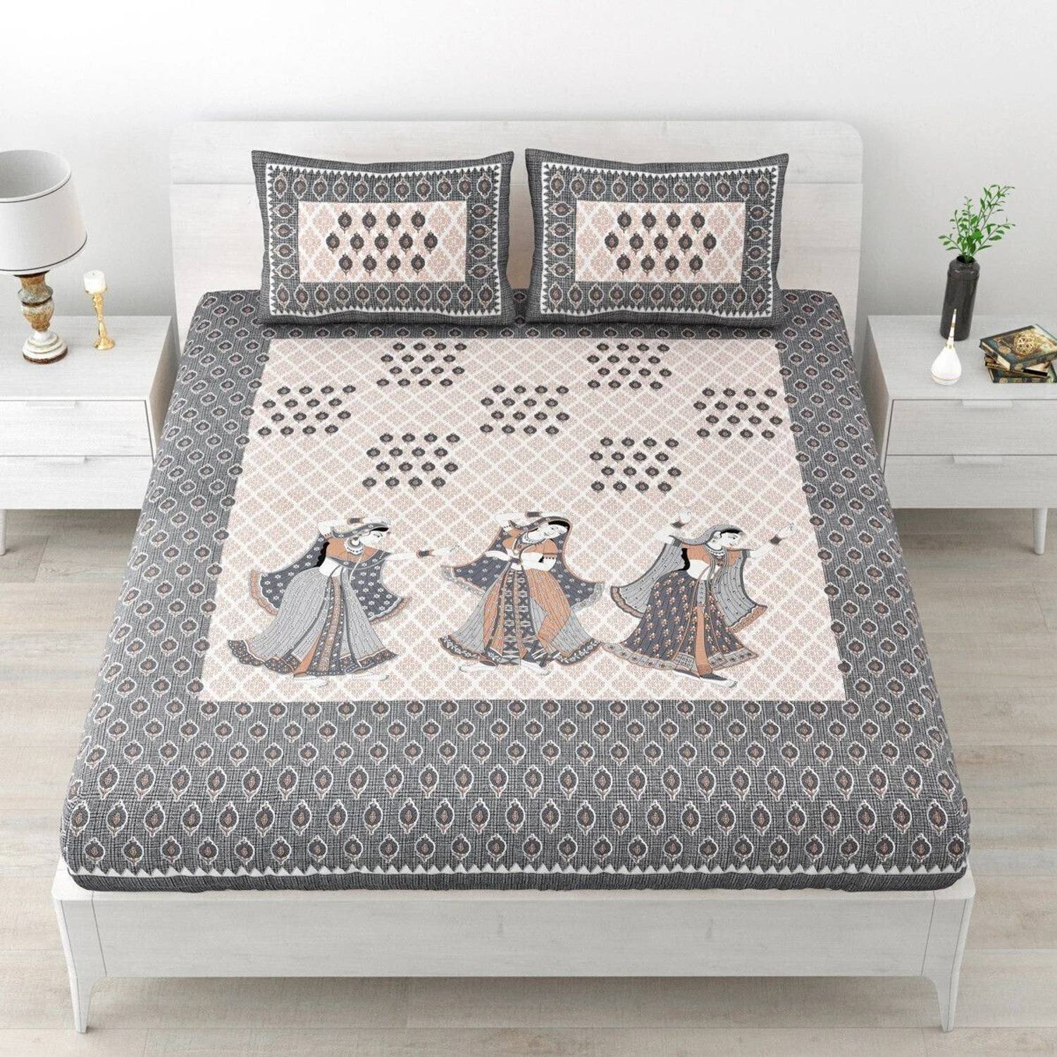 Poorak Cotton Double Flat 104 TC Jaipuri Prints 1 Bedsheet with 2