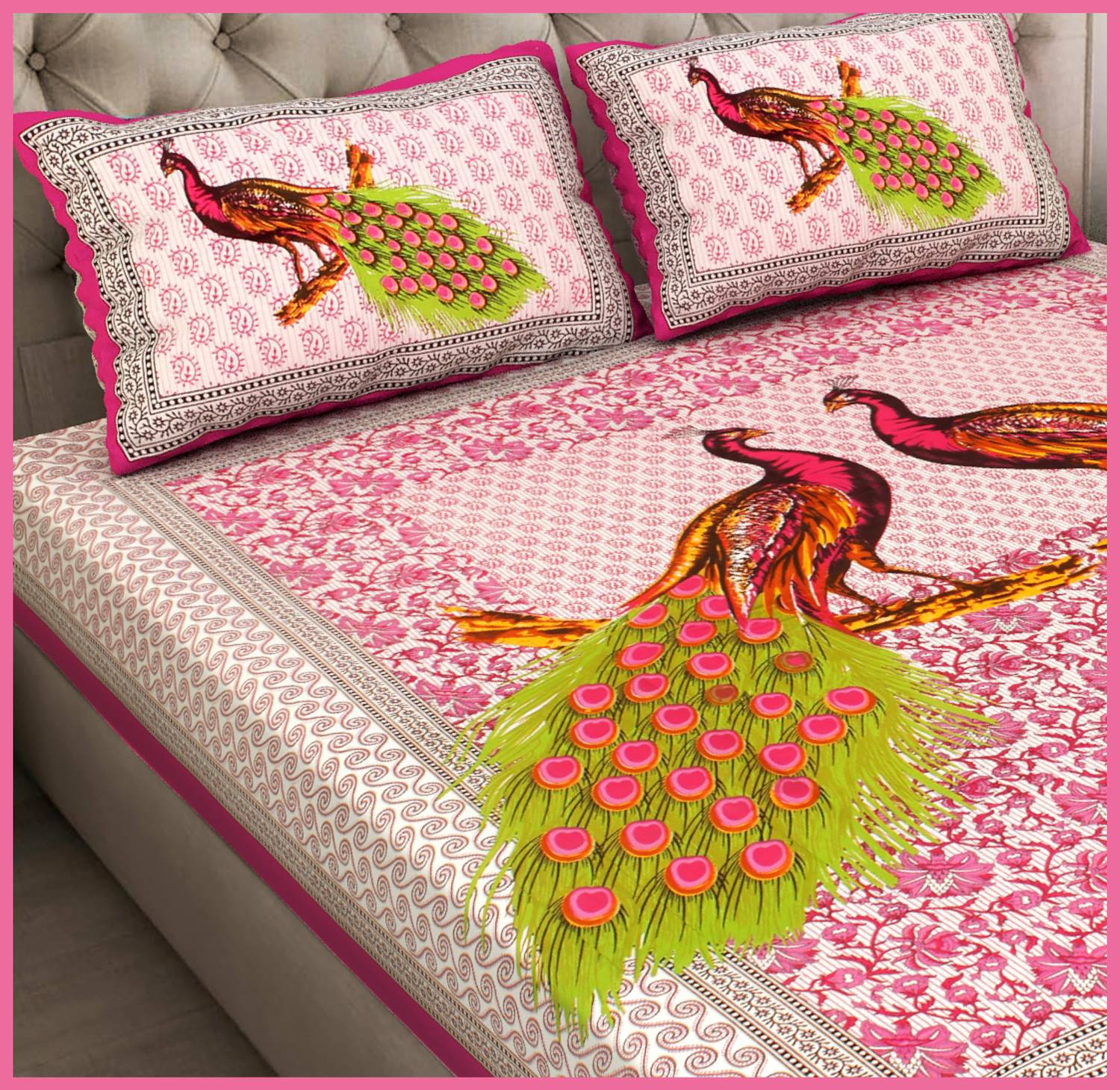 BedZone Cotton Super King, Double Flat 210 TC Printed 1 Summer Bedsheet with 2 Pillow Covers