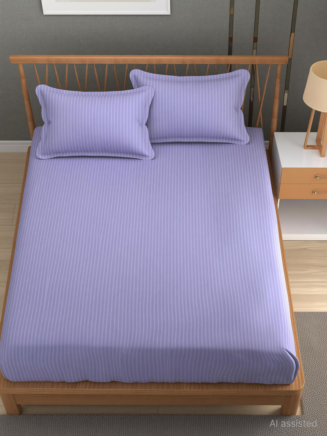 Image of Homefab India Polycotton Double Flat 180 TC Striped 1 Summer Bedsheet with 2 Pillow Covers (Purple)