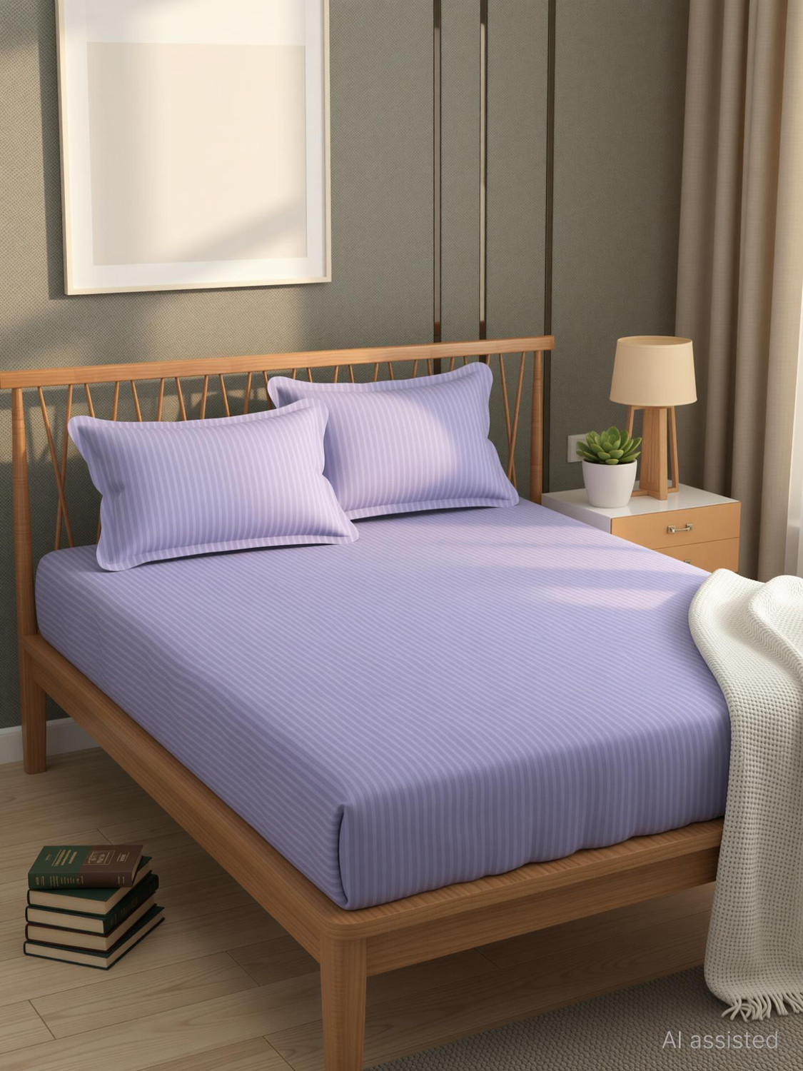 Image of Homefab India Polycotton Double Flat 180 TC Striped 1 Summer Bedsheet with 2 Pillow Covers (Purple)