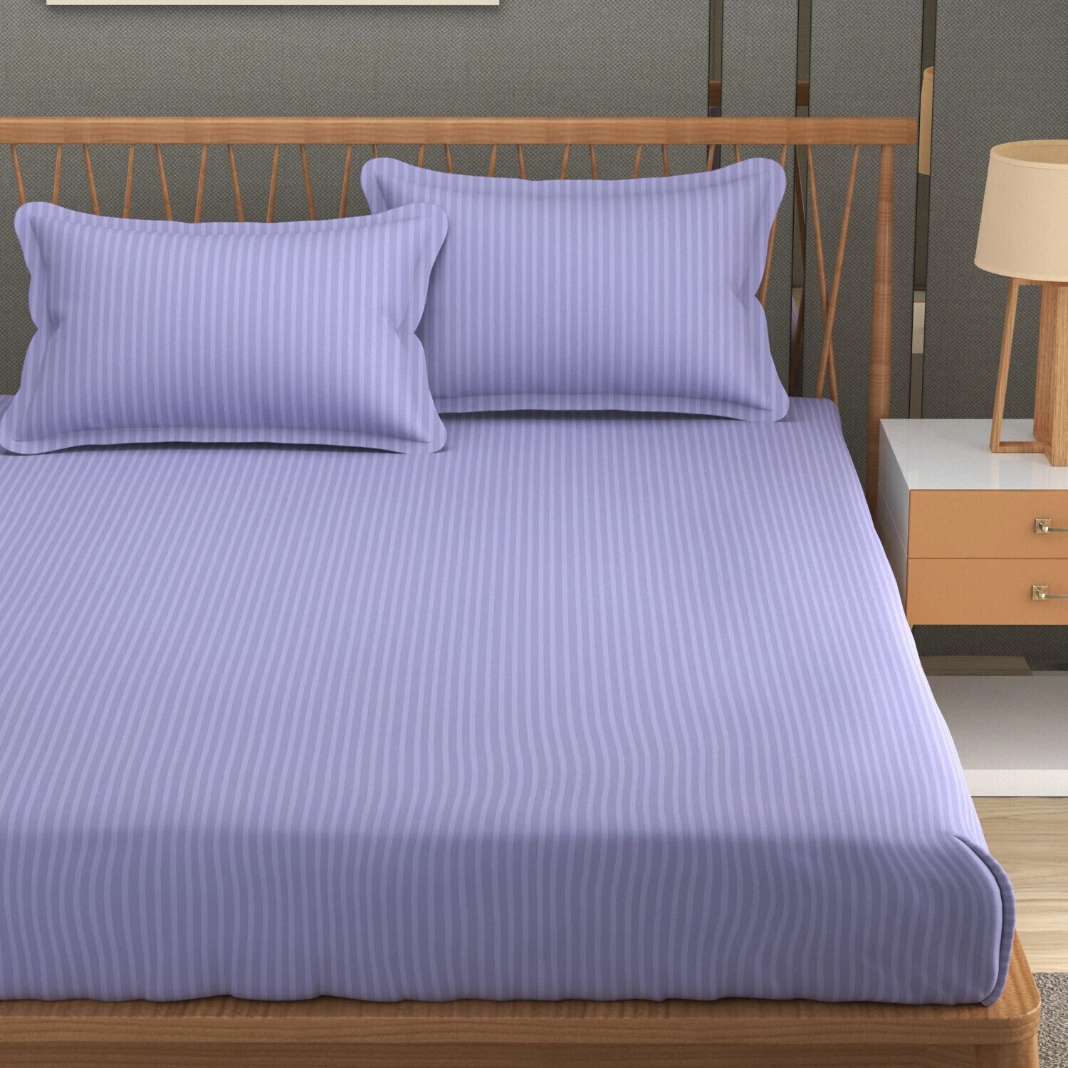 Image of Homefab India Polycotton Double Flat 180 TC Striped 1 Summer Bedsheet with 2 Pillow Covers (Purple)